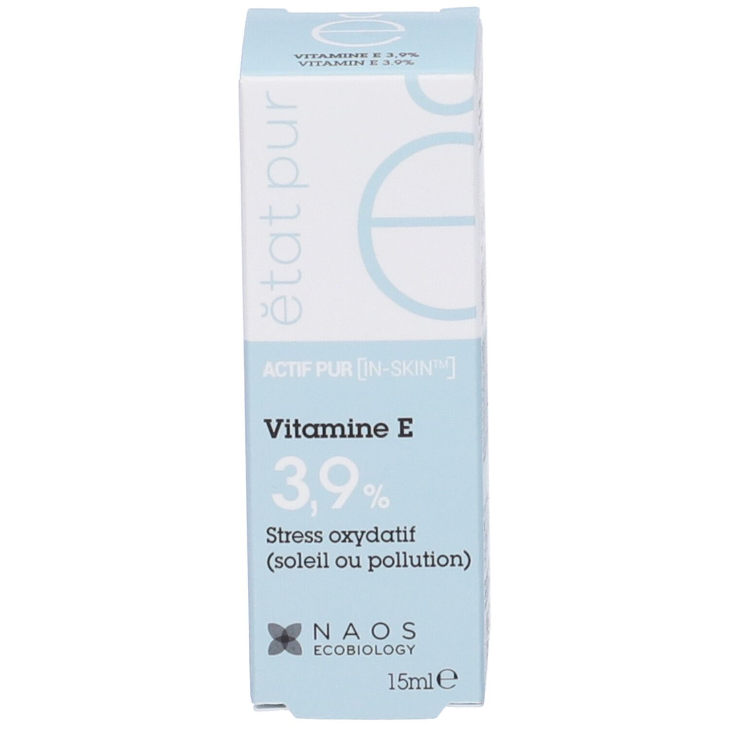 Confezione del prodotto. Scritta: Vitamina E 3,9%. Logo NAOS Ecobiology. Colori blu e bianco.