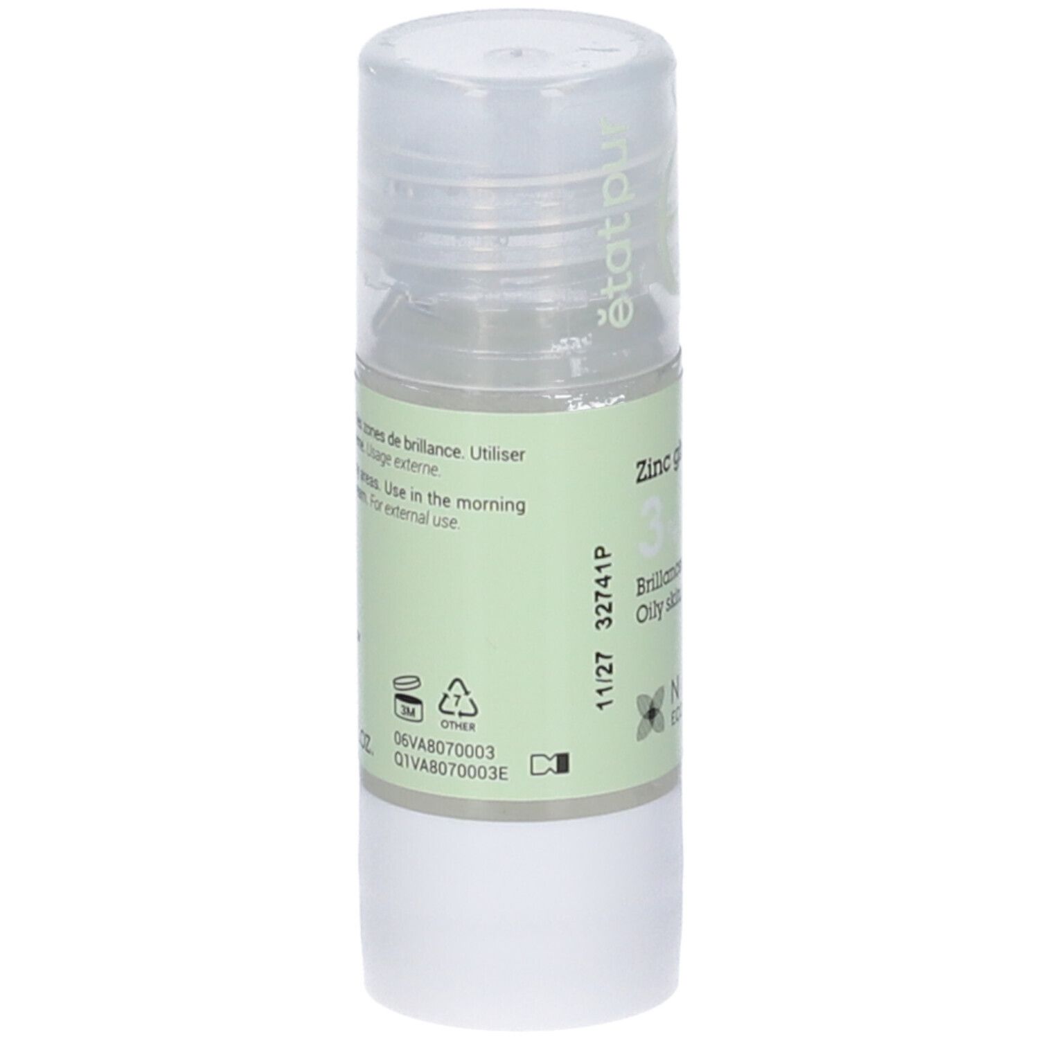 Flacone cilindrico con etichetta verde. Scritta: Zinc gluconate 3%. Logo NAOS Ecobiology. Tappo trasparente.