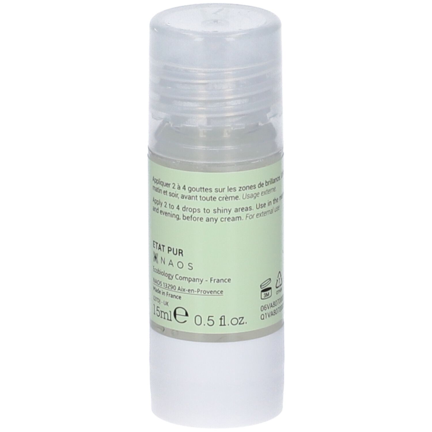 Flacone cilindrico con etichetta verde. Scritta: Zinc gluconate 3%. Logo NAOS Ecobiology. Tappo trasparente.