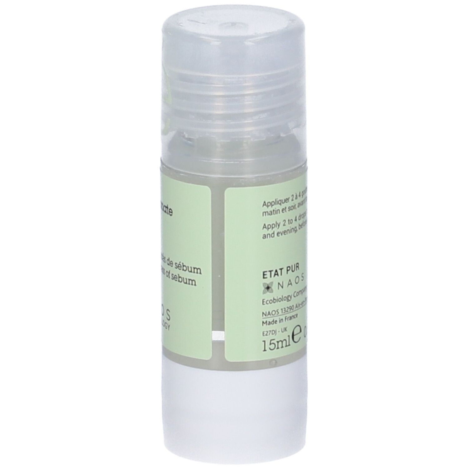 Flacone cilindrico con etichetta verde. Scritta: Zinc gluconate 3%. Logo NAOS Ecobiology. Tappo trasparente.