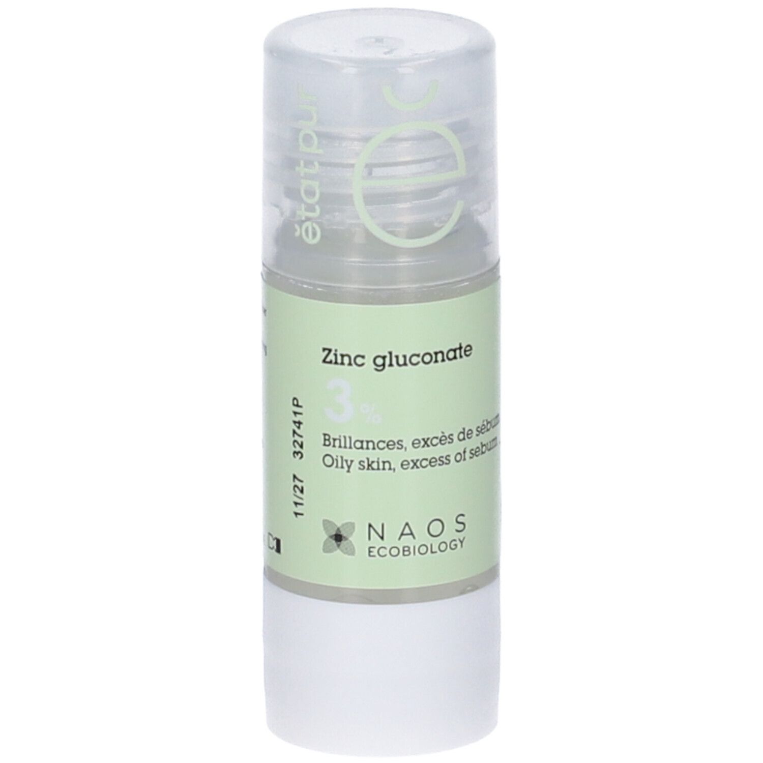 Flacone cilindrico con etichetta verde. Scritta: Zinc gluconate 3%. Logo NAOS Ecobiology. Tappo trasparente.