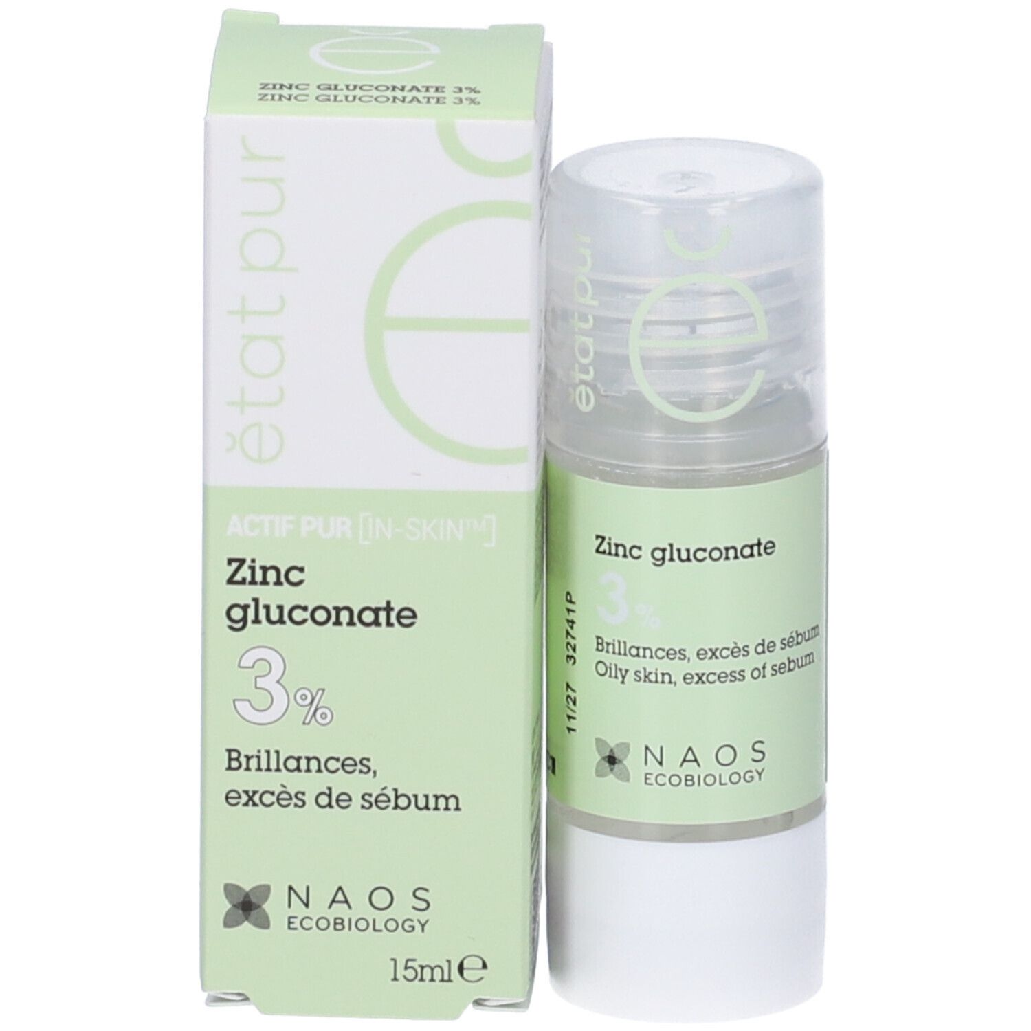 Confezione del prodotto con flacone e scatola. Scritta: Zinc gluconate 3%. Logo NAOS Ecobiology. Colori verdi e bianchi.
