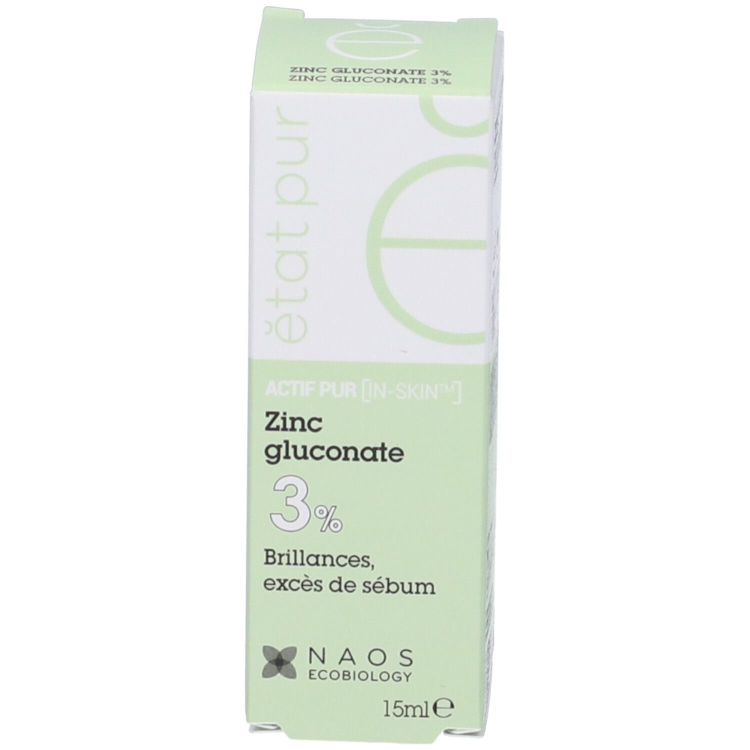 Confezione del prodotto. Scritta: Zinc gluconate 3%. Logo NAOS Ecobiology. Colori verdi e bianchi. 15ml.