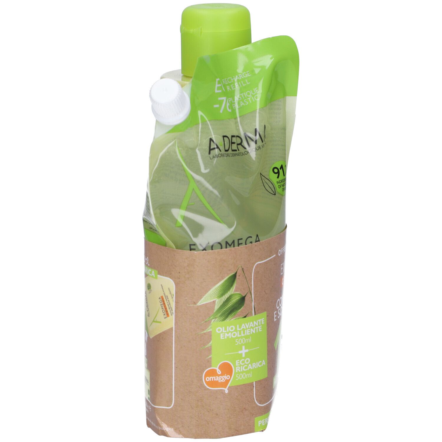 Ricarica e supporto. Logo A-DERMA e scritta EXOMEGA. Confezione verde e bianca con logo ECO.