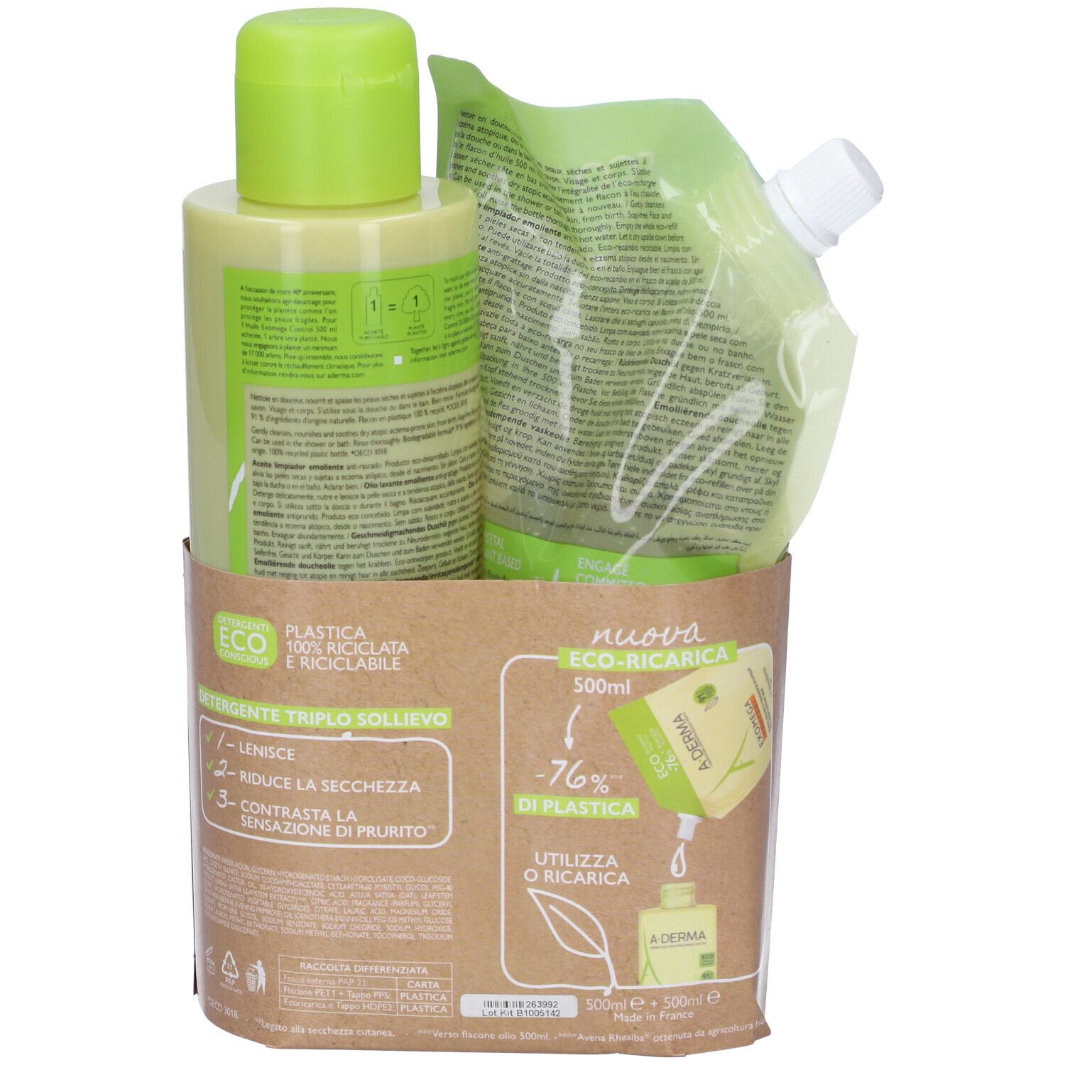 Retro confezione con informazioni prodotto. Logo A-DERMA e testo ECO-Ricarica. Indicazione 500ml.