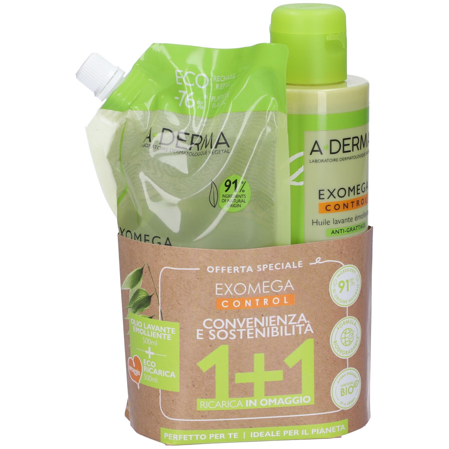 Set olio e ricarica. Logo A-DERMA e scritta EXOMEGA CONTROL. Confezione con offerta 1+1.