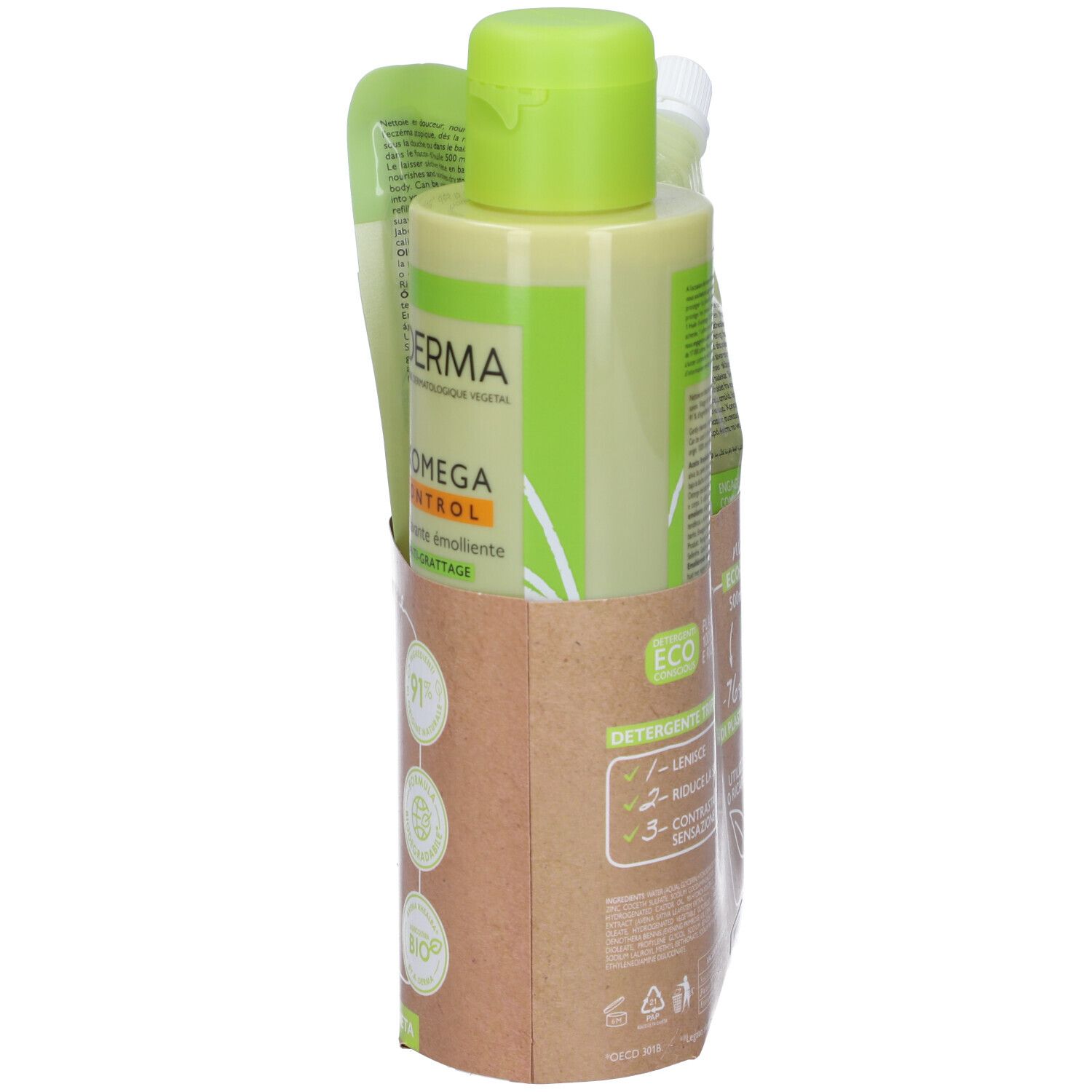 Set prodotto con olio e ricarica. Logo A-DERMA e EXOMEGA CONTROL. Confezione con logo ECO.