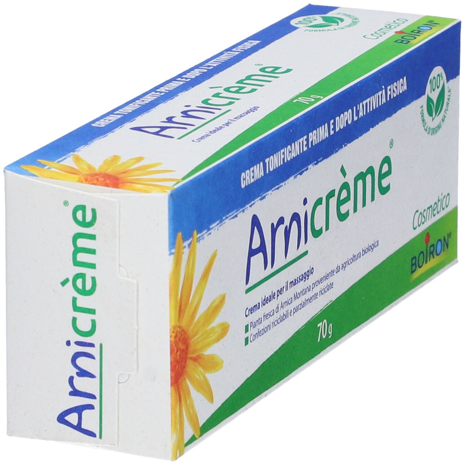 Confezione di Arnicrème, angolata. Scatola bianca e blu con nome e logo. 70g.