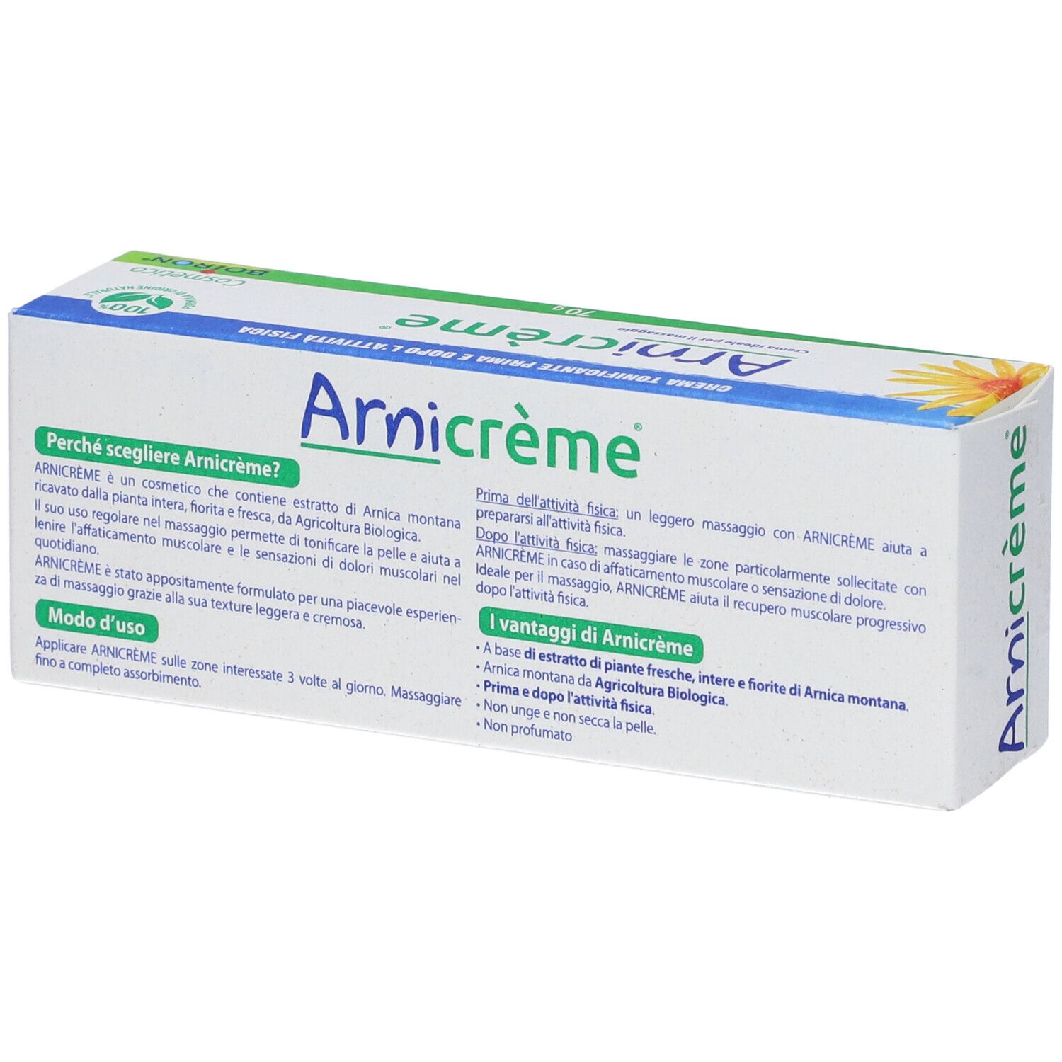 Retro della confezione di Arnicrème. Testo e logo su sfondo bianco. Contiene informazioni.