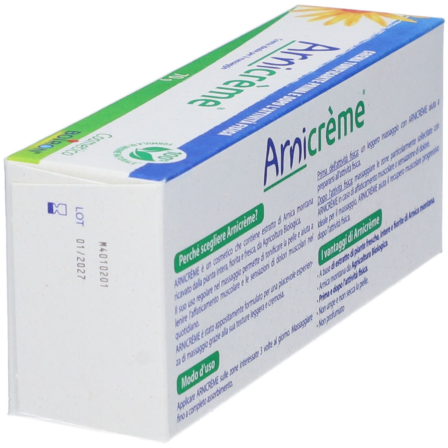 Confezione di Arnicrème, angolata. Retro con testo e logo su sfondo bianco.