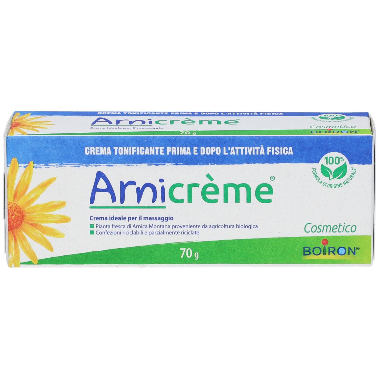 Confezione di Arnicrème. Scatola bianca e blu con nome e logo. Contiene 70g.
