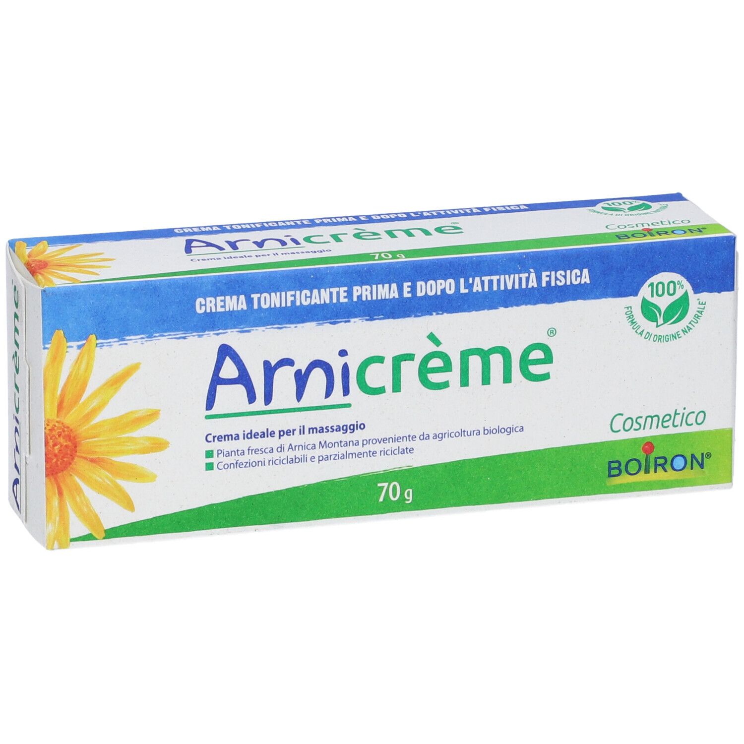Confezione di Arnicrème. Scatola bianca e blu con nome e logo. Contiene 70g.