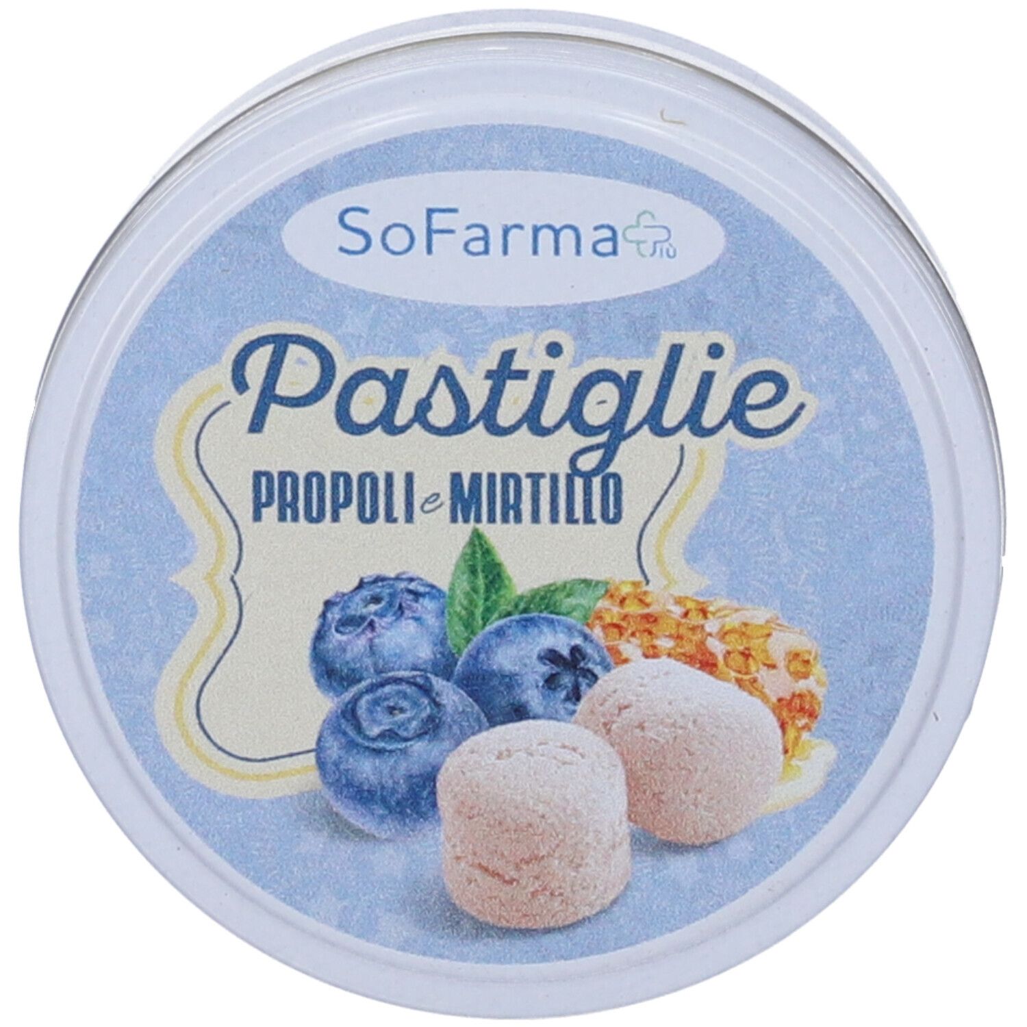 Scatola con logo 'SoFarma'. Illustrazione di mirtilli, favo e pastiglie. Testo: 'Pastiglie Propoli Mirtillo'.