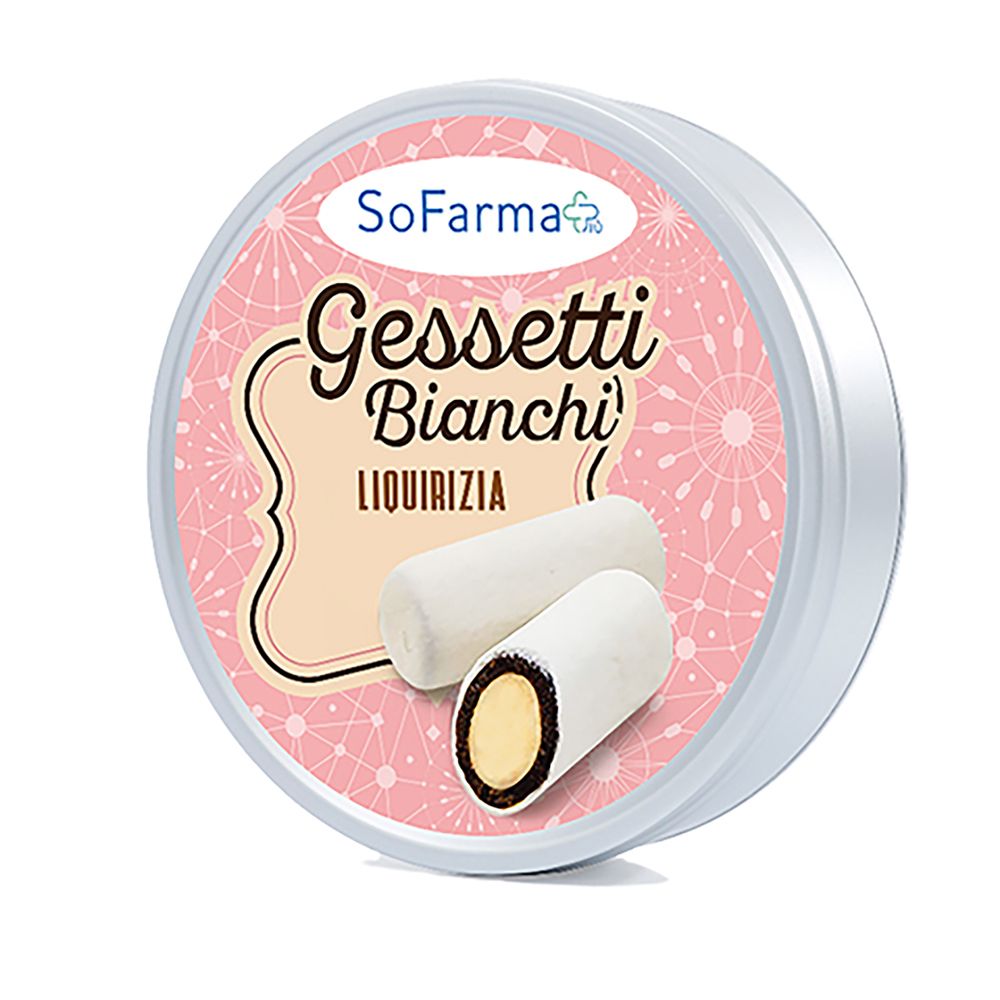 Scatola rotonda con etichetta rosa. Scritto: Gessetti Bianchi Liquirizia. Due caramelle cilindriche bianche.