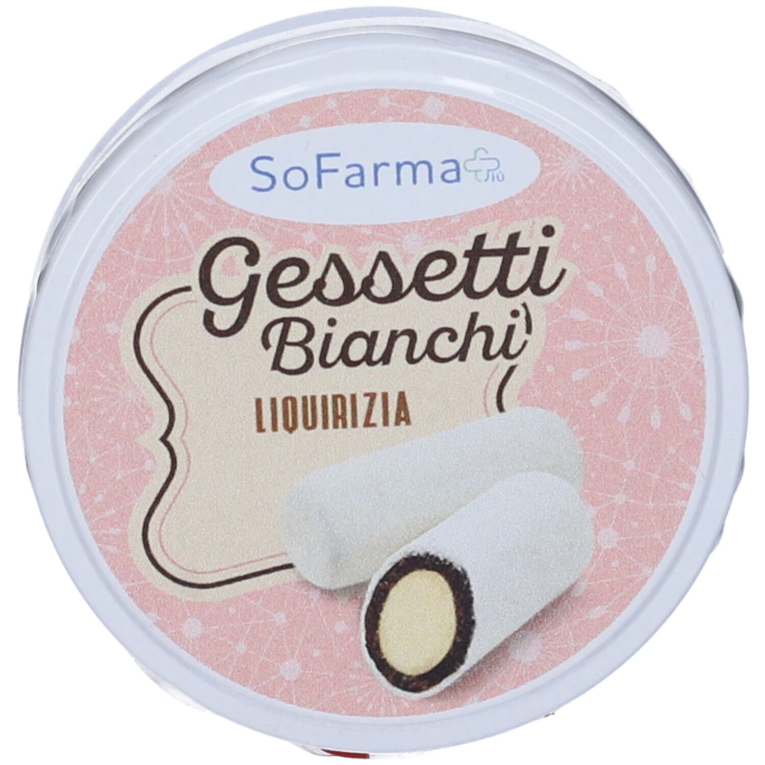 Scatola rotonda con etichetta rosa. Scritto: Gessetti Bianchi Liquirizia. Due caramelle cilindriche bianche.