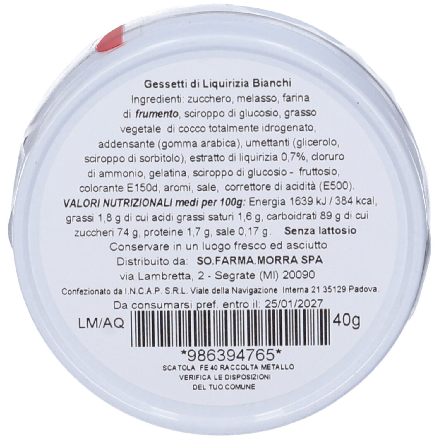 Fondo della scatola con testo. Elenco ingredienti, informazioni nutrizionali, informazioni produttore. 40g. Codice a barre e scadenza.