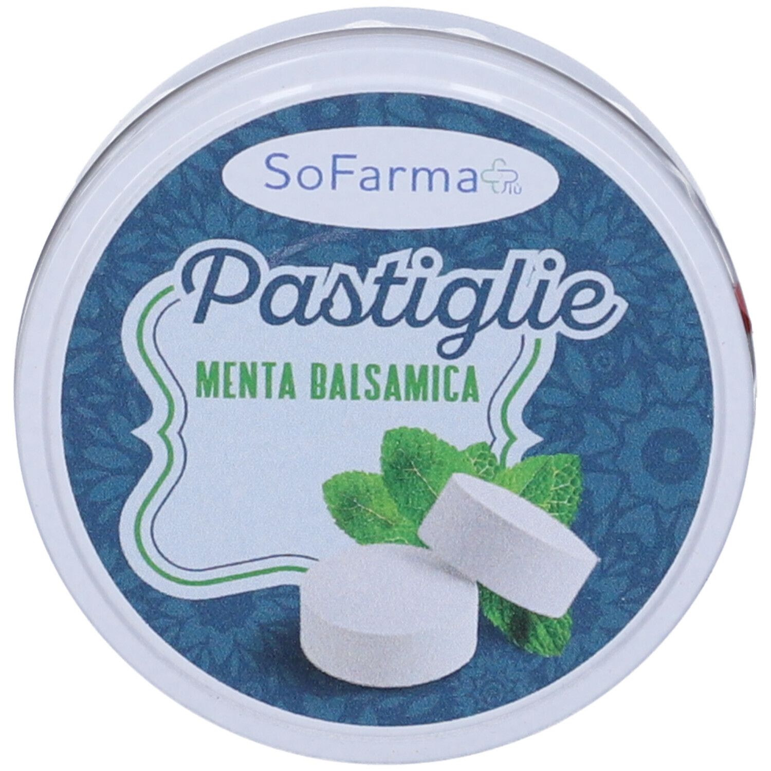 Scatola rotonda con pastiglie. Scritta: Pastiglie Menta Balsamica. Marchio: SoFarma. Due pastiglie e foglie di menta.
