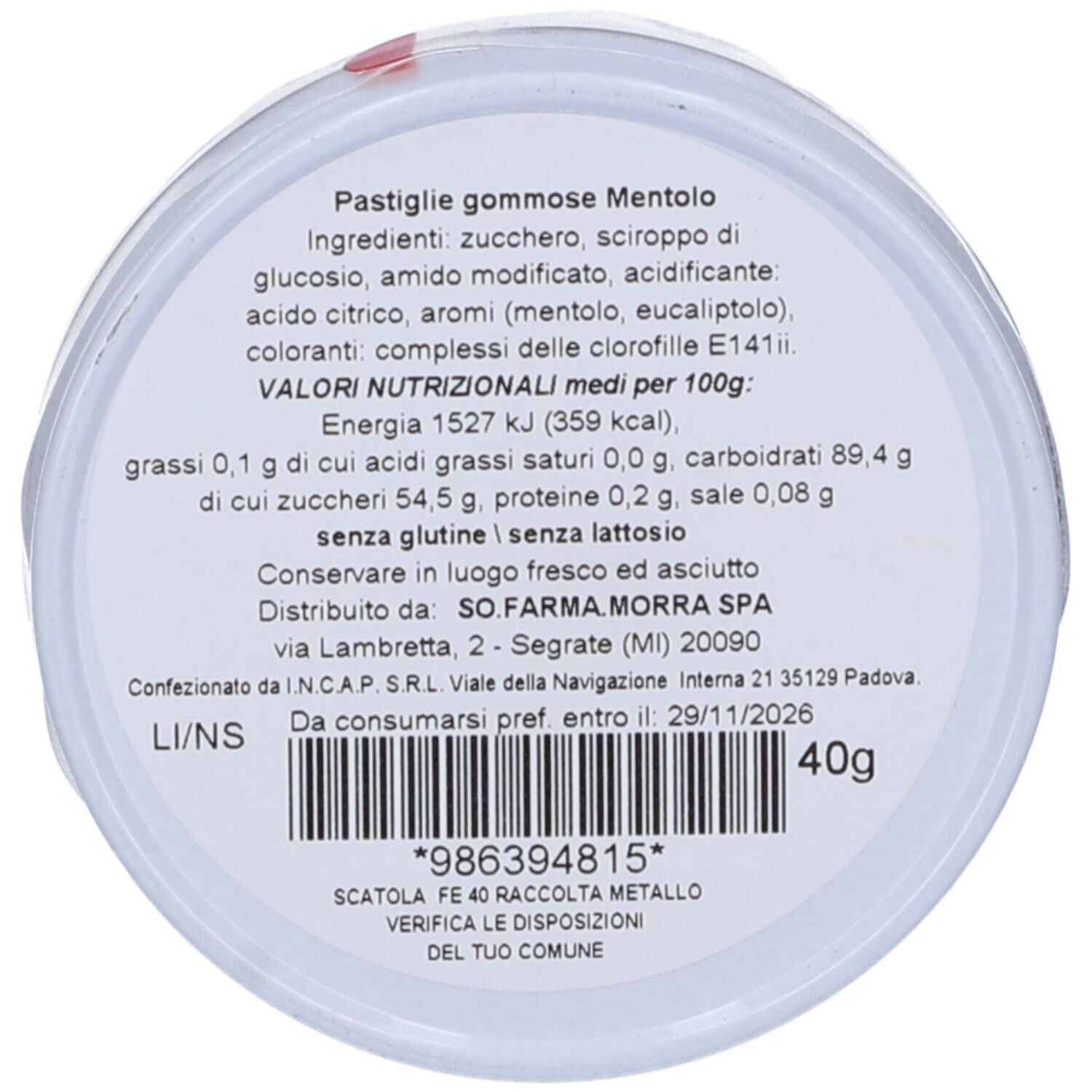 Retro della confezione con testo. Ingredienti, valori nutrizionali, informazioni produttore. Codice a barre e peso 40g.