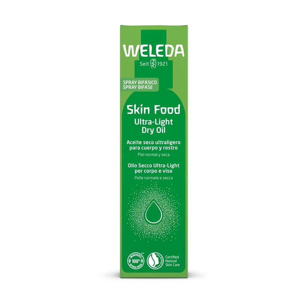 Confezione verde con WELEDA Skin Food Ultra-Light Dry Oil. Testo e logo.