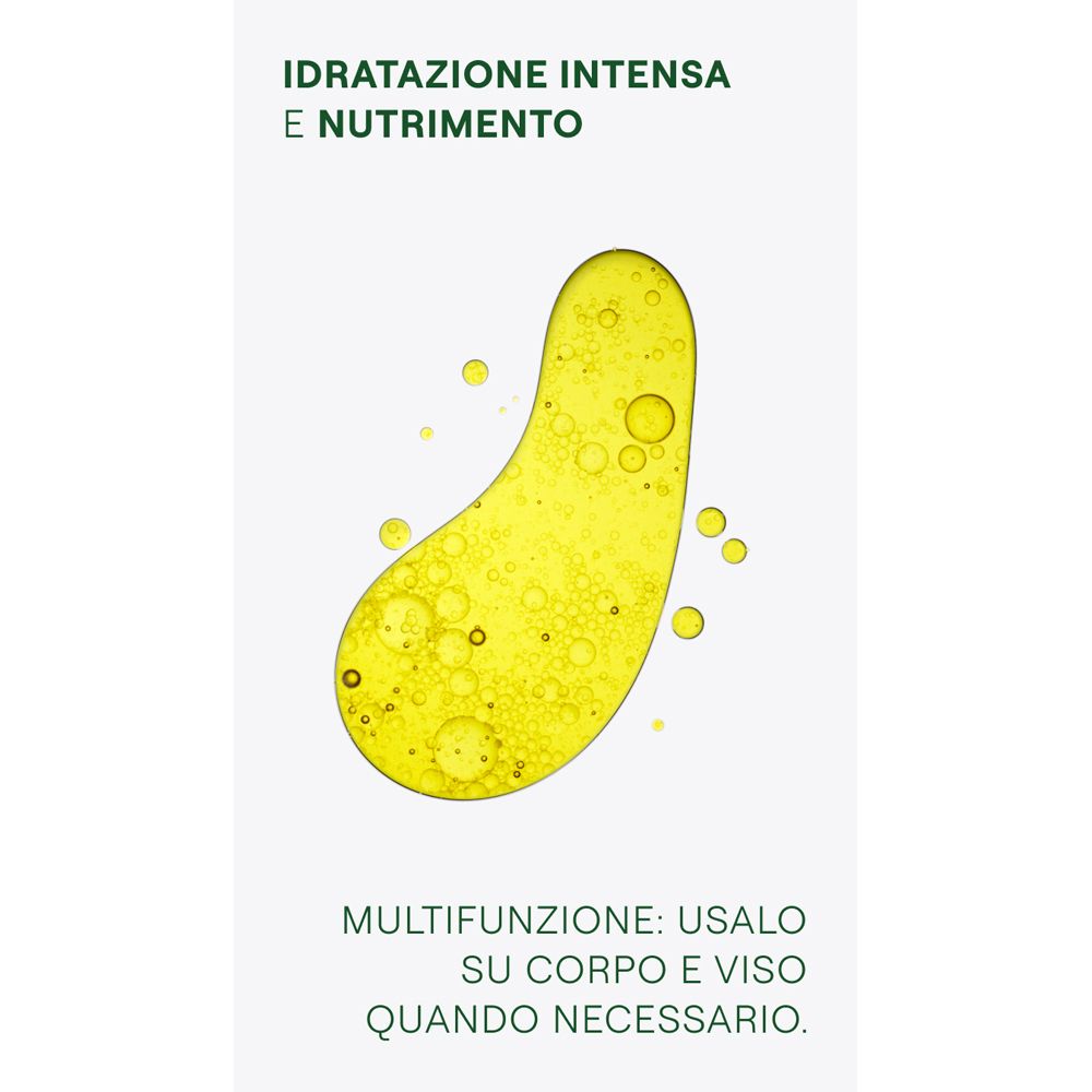 Liquido giallo con testo: IDRATAZIONE INTENSA E NUTRIENTO. Testo: Multifunzione: usalo su corpo e viso.