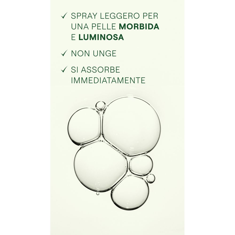 Bolle con testo: SPRAY LEGGERO PER UNA PELLE MORBIDA E LUMINOSA. Non unge, si assorbe immediatamente.