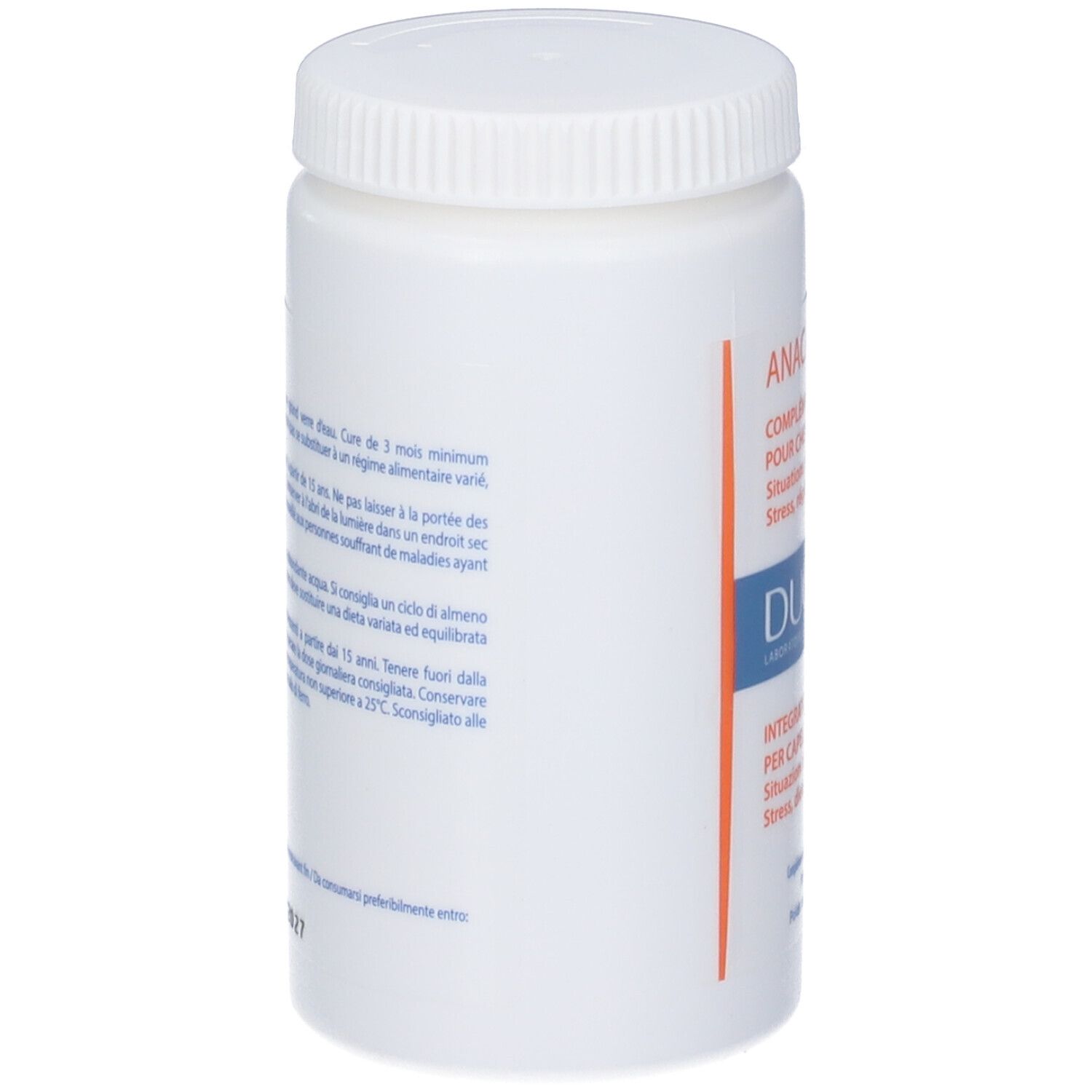 Flacone bianco con tappo a vite. Testo sul lato. Nessun marchio visibile.