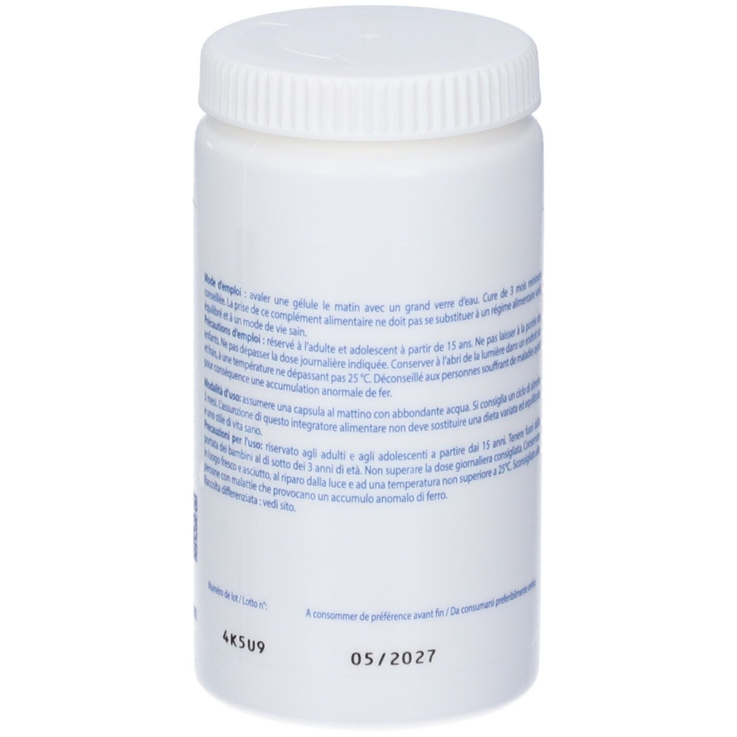 Flacone bianco con tappo a vite. Testo sul lato. Nessun marchio visibile.