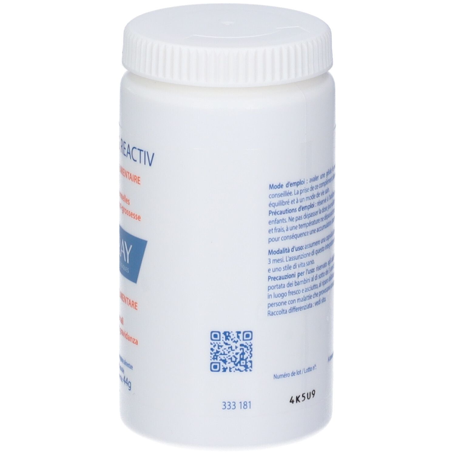 Flacone bianco con tappo a vite. Testo e codice QR sul lato. Nessun marchio visibile.