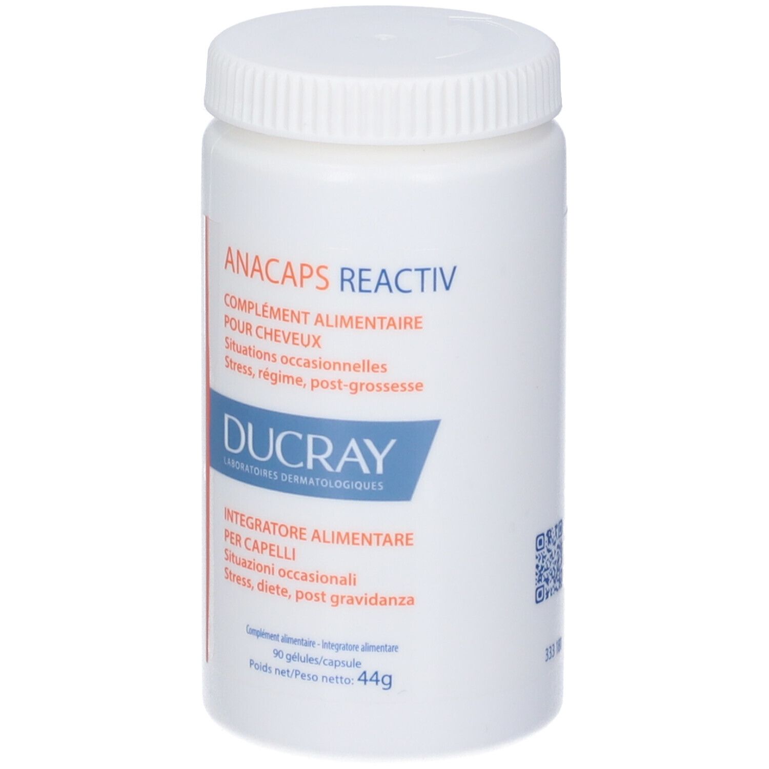 Flacone bianco con tappo a vite. Scritta: ANACAPS Reactiv, Ducray. Integratore alimentare per capelli.