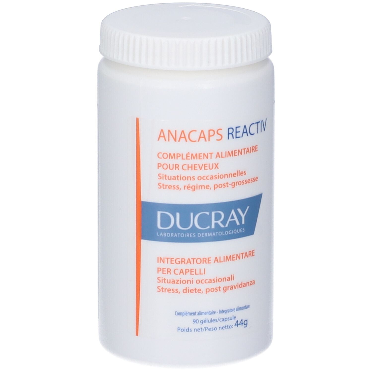 Flacone bianco con tappo a vite. Scritta: ANACAPS Reactiv, Ducray. Integratore alimentare per capelli.