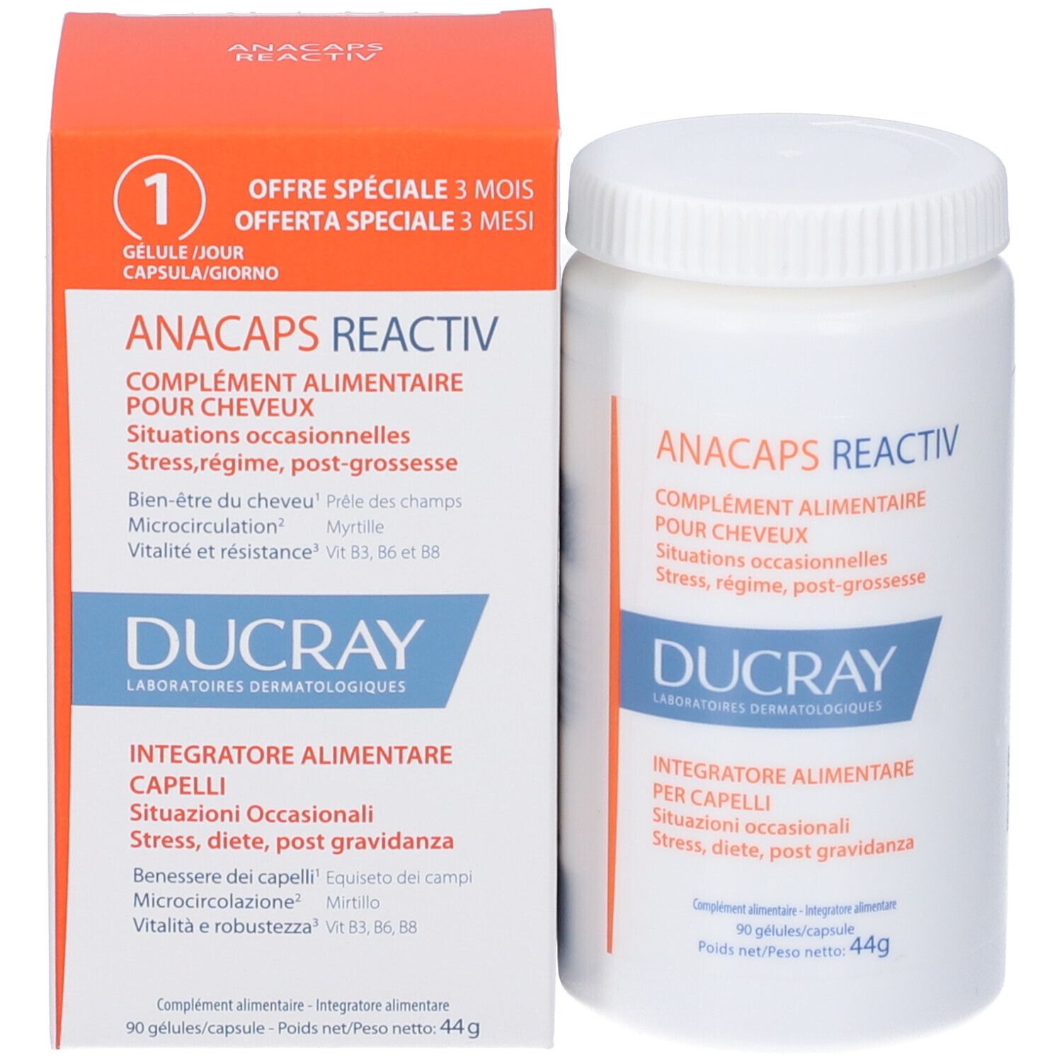 Confezione e flacone. Scritta: ANACAPS Reactiv, Ducray. Integratore alimentare per capelli.