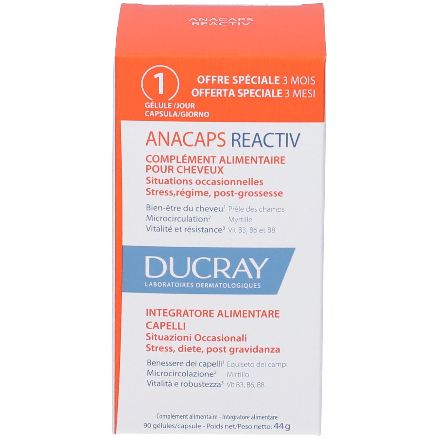 Confezione del prodotto. Scritta: ANACAPS Reactiv, Ducray. Integratore alimentare per capelli.