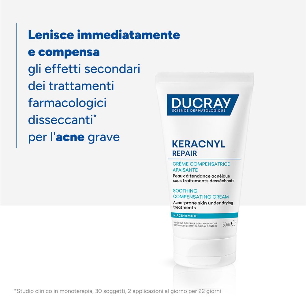 Tubo di crema Ducray Keracnyl Repair accanto a testo italiano sul sollievo.