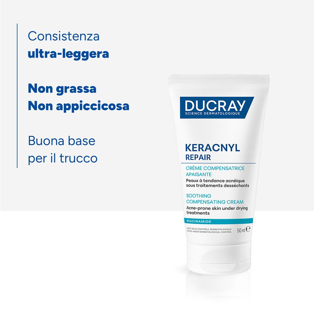 Tubo di crema Ducray Keracnyl Repair. Testo sulla texture leggera e non grassa.