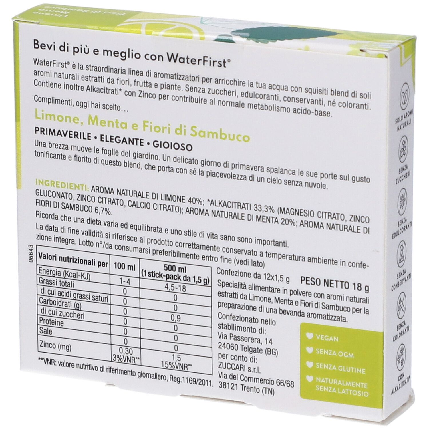 Retro della confezione con testo e informazioni nutrizionali. Contiene informazioni sugli ingredienti e i valori nutrizionali.