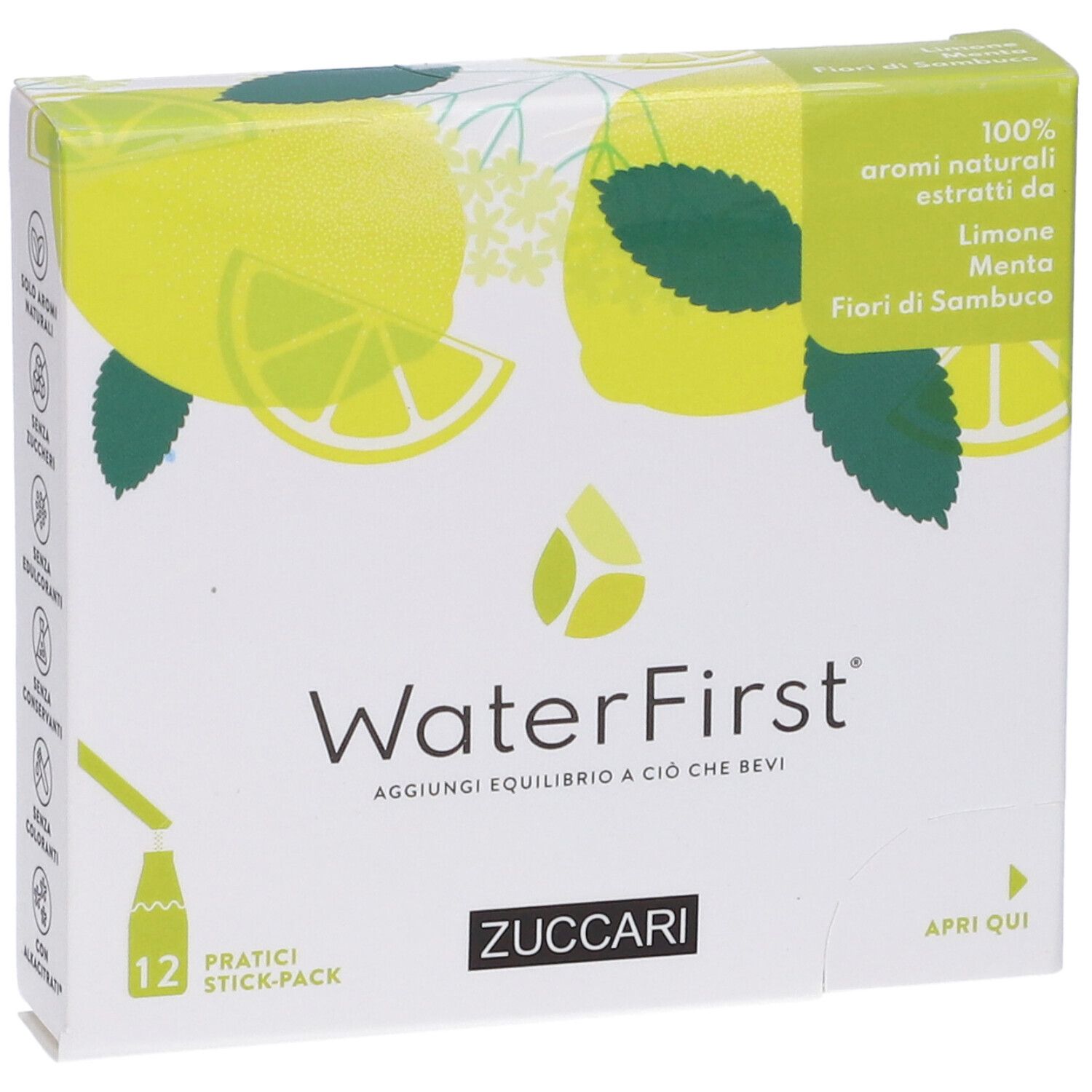 Confezione con illustrazioni di limoni e menta. Contiene 12 stick-pack. Marchio: WaterFirst.