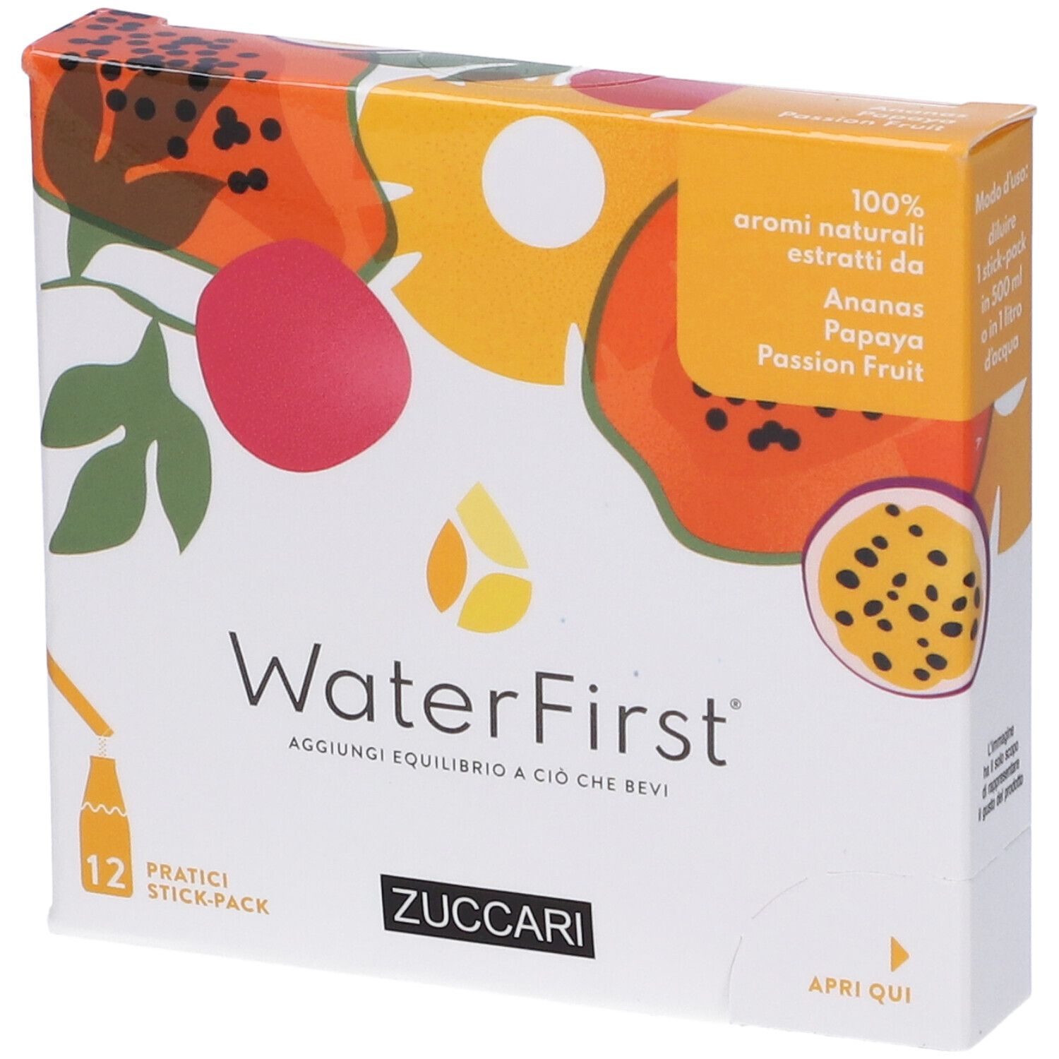 Scatola WaterFirst, 12 stick, Ananas, Papaya, Frutto della Passione. Logo Zuccari. Illustrazioni di frutta.