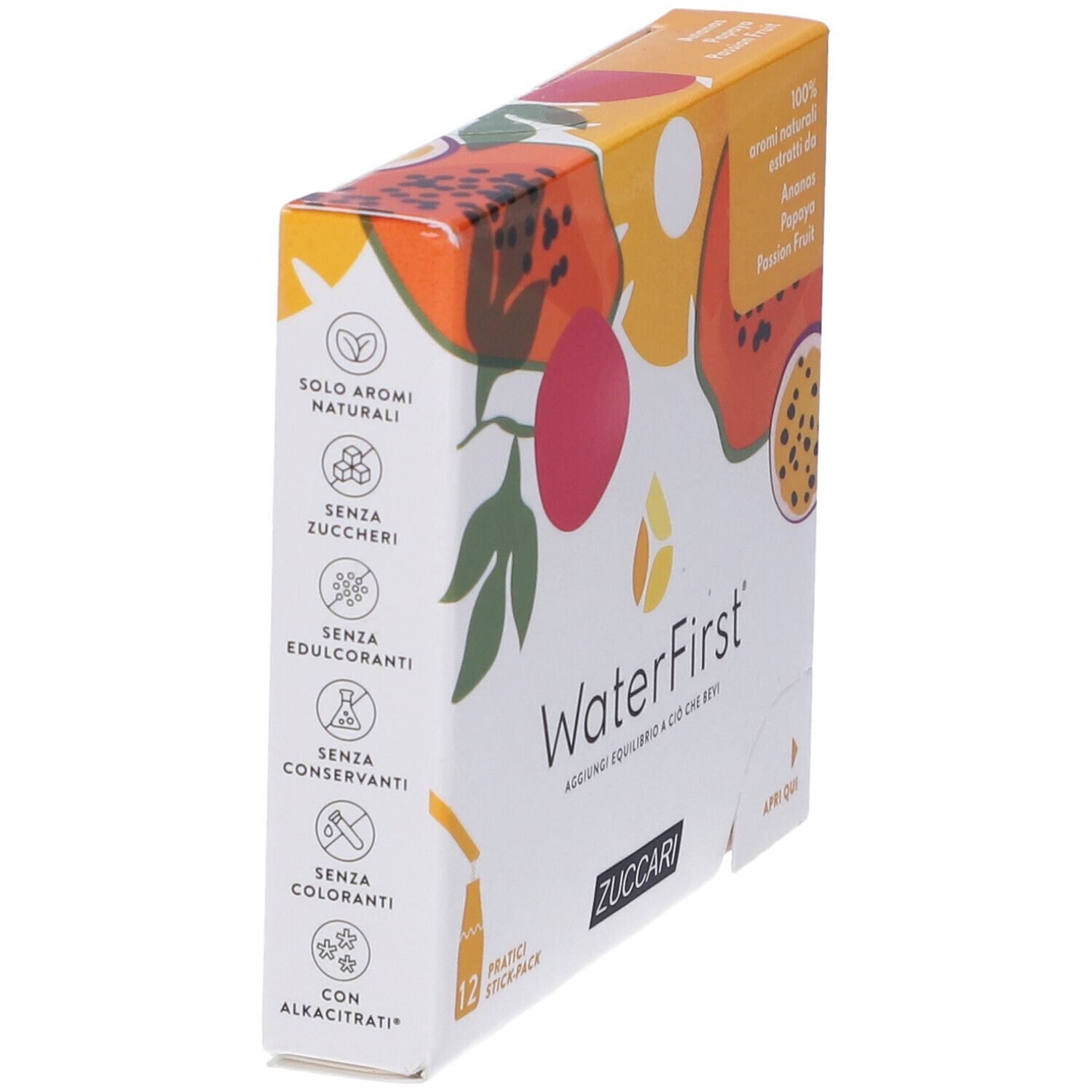 Scatola WaterFirst, 12 stick, Ananas, Papaya, Frutto della Passione. Logo Zuccari. Illustrazioni di frutta.