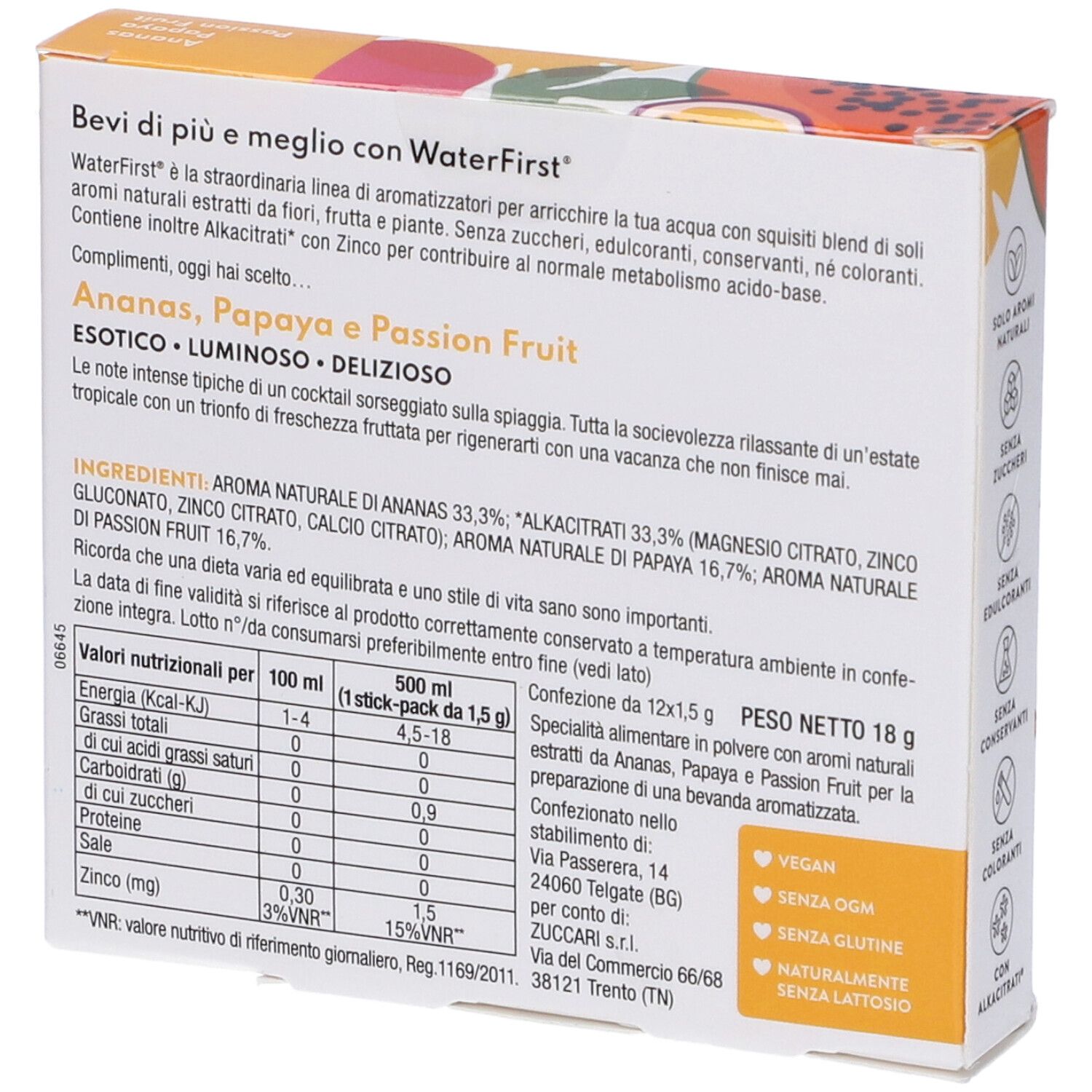 Scatola WaterFirst, Ananas, Papaya, Frutto della Passione. Testo e tabella nutrizionale. Logo Zuccari. Vegano e senza glutine.