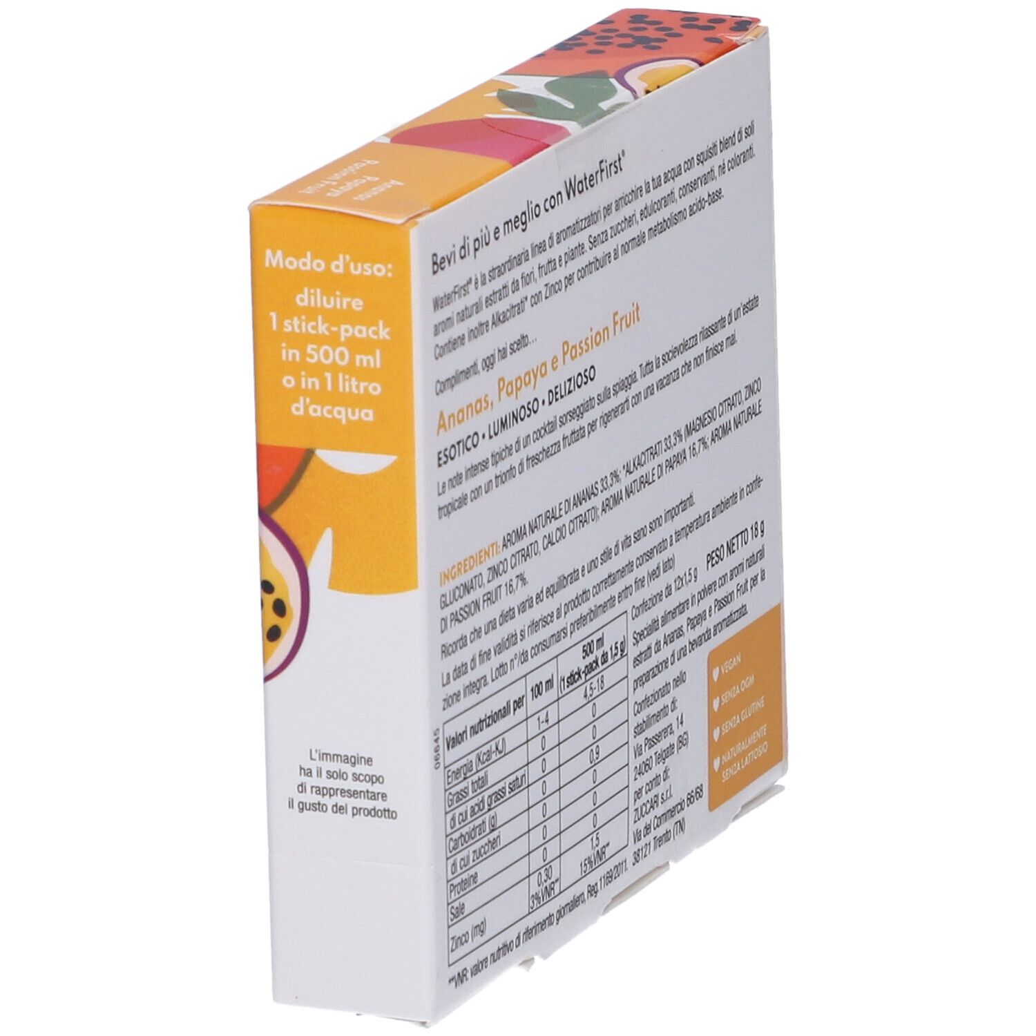 Scatola WaterFirst, Ananas, Papaya, Frutto della Passione. Istruzioni per l'uso. Tabella nutrizionale. Logo Zuccari.