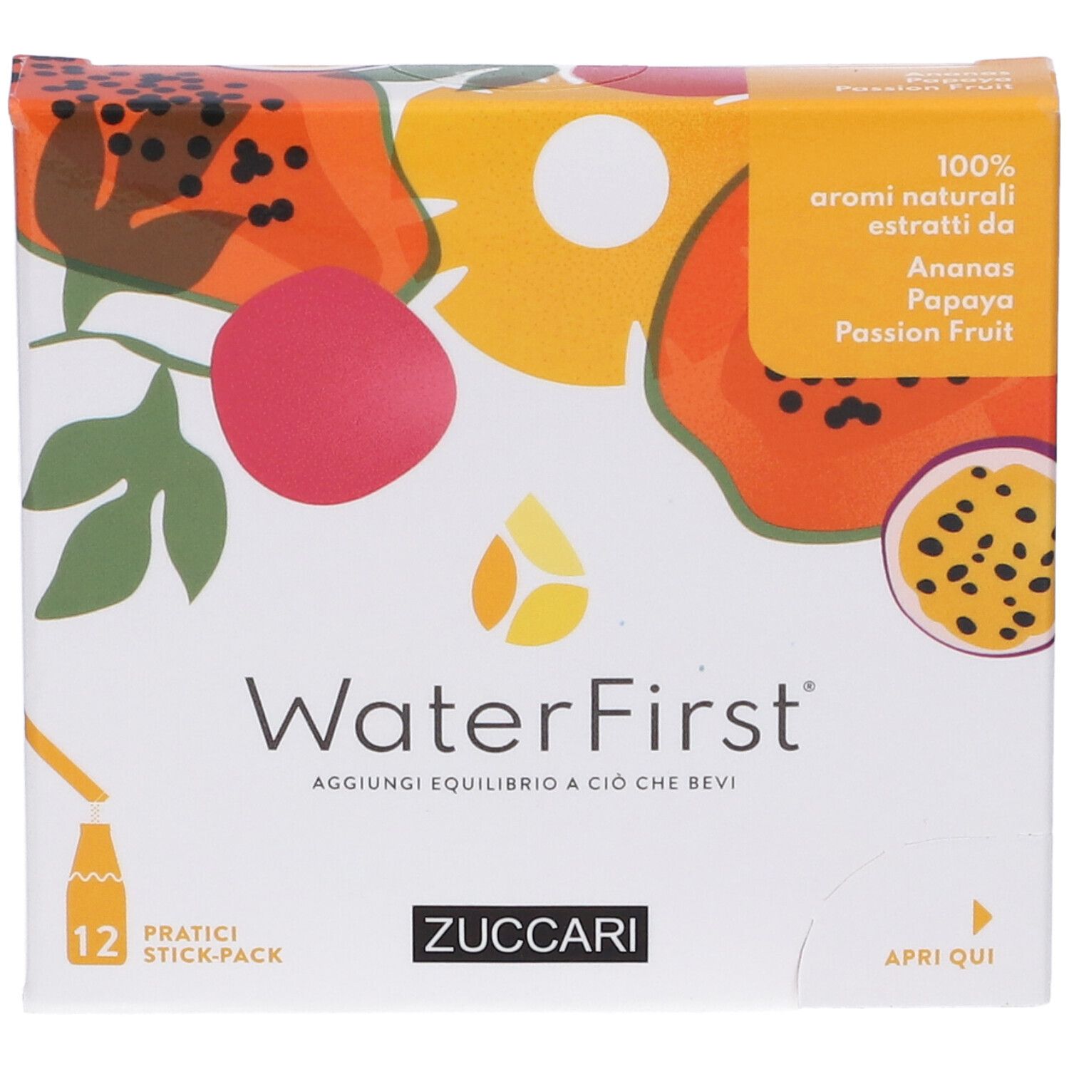 Scatola WaterFirst, 12 stick, Ananas, Papaya, Frutto della Passione. Logo Zuccari. Illustrazioni di frutta.