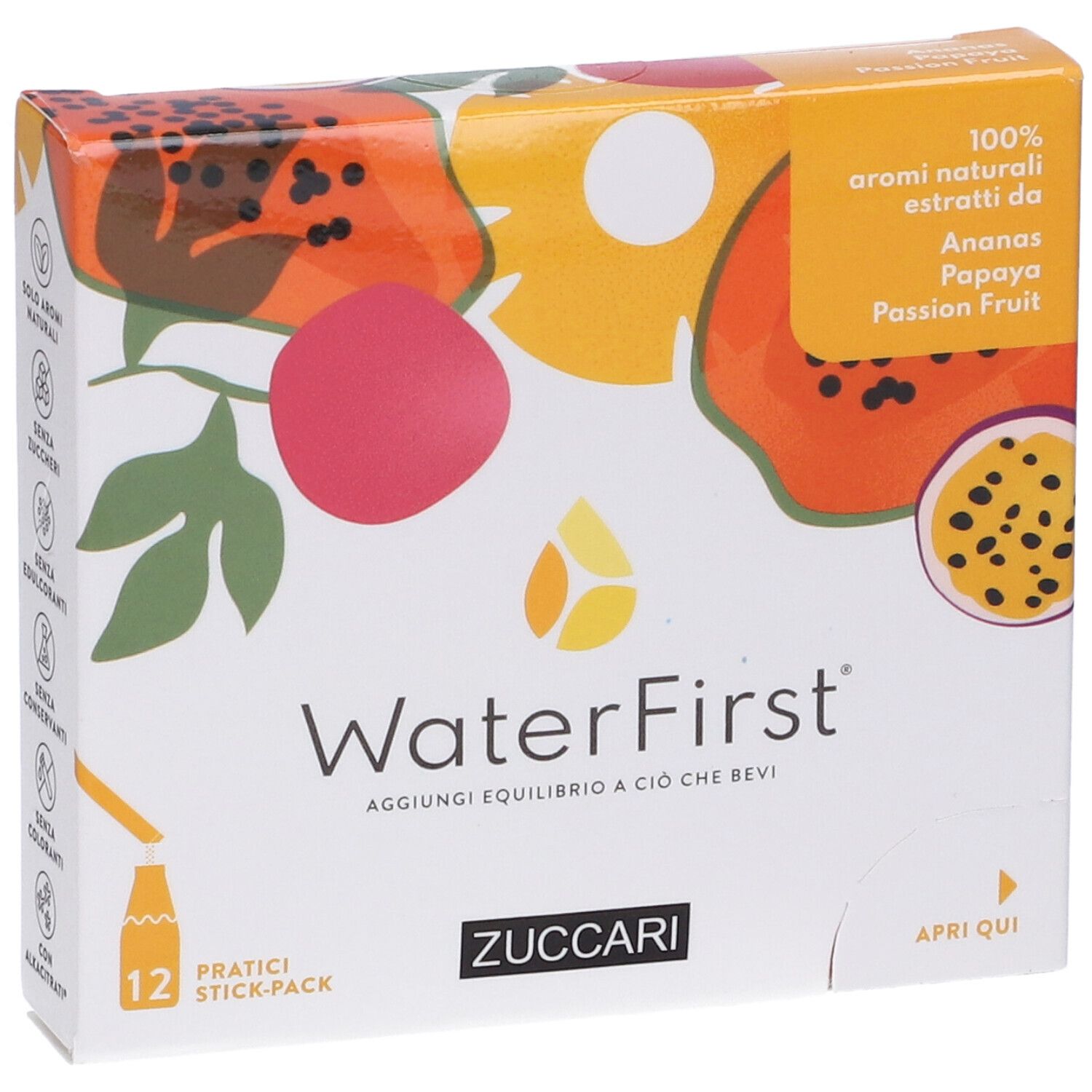 Scatola WaterFirst, 12 stick, Ananas, Papaya, Frutto della Passione. Logo Zuccari. Illustrazioni di frutta.