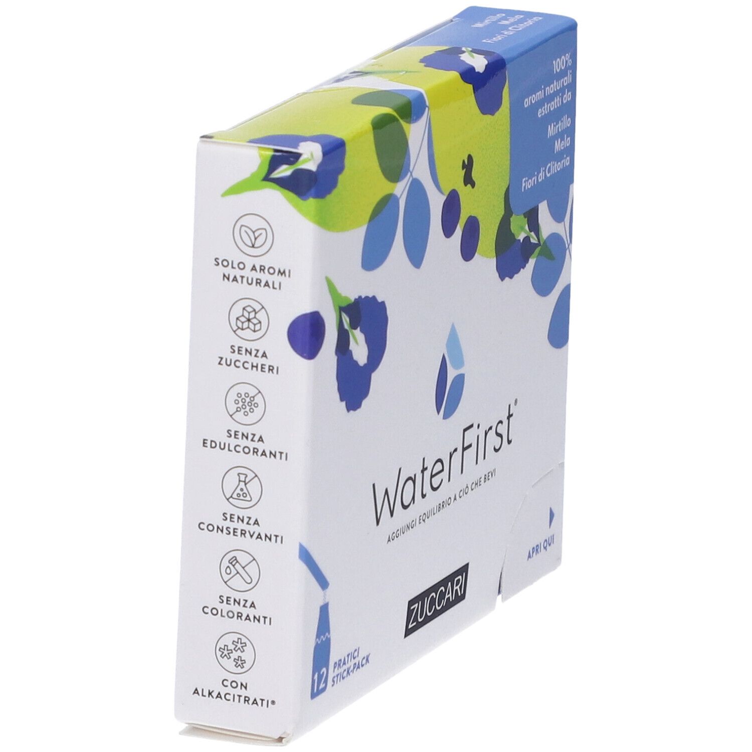 Scatola WaterFirst, vista laterale. Testo: Senza zuccheri, conservanti, coloranti. 12 stick-pack.