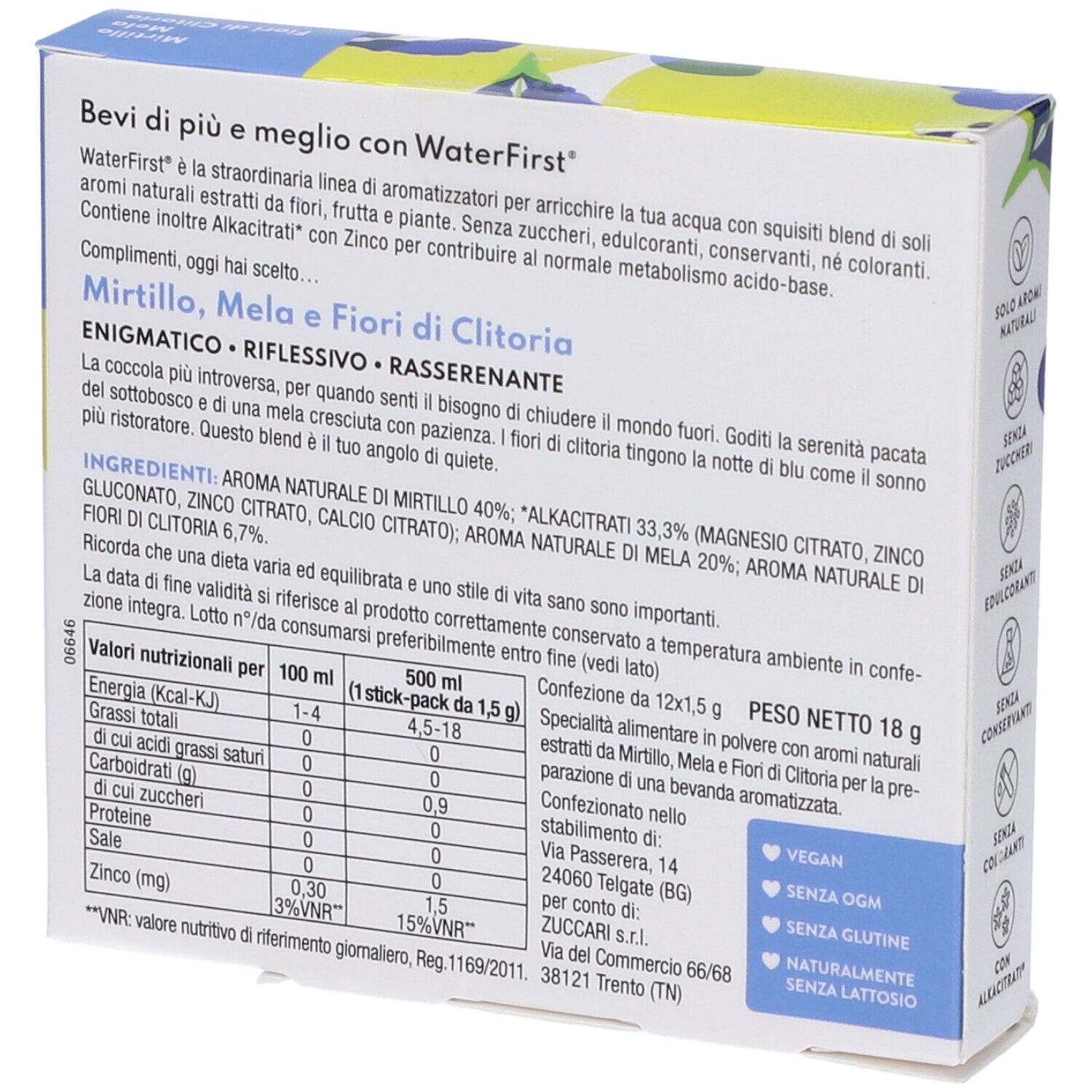 Retro scatola WaterFirst. Testo: Mirtillo, Mela, Fiori di Clitoria. Valori nutrizionali. Vegano, senza OGM, senza glutine.