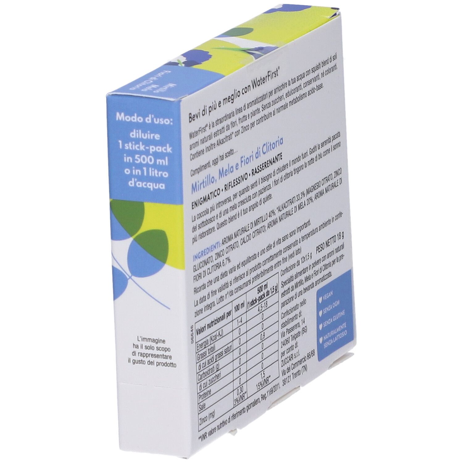 Scatola WaterFirst, vista obliqua. Testo: Mirtillo, Mela, Fiori di Clitoria. Valori nutrizionali. Vegano, senza OGM, senza glutine.