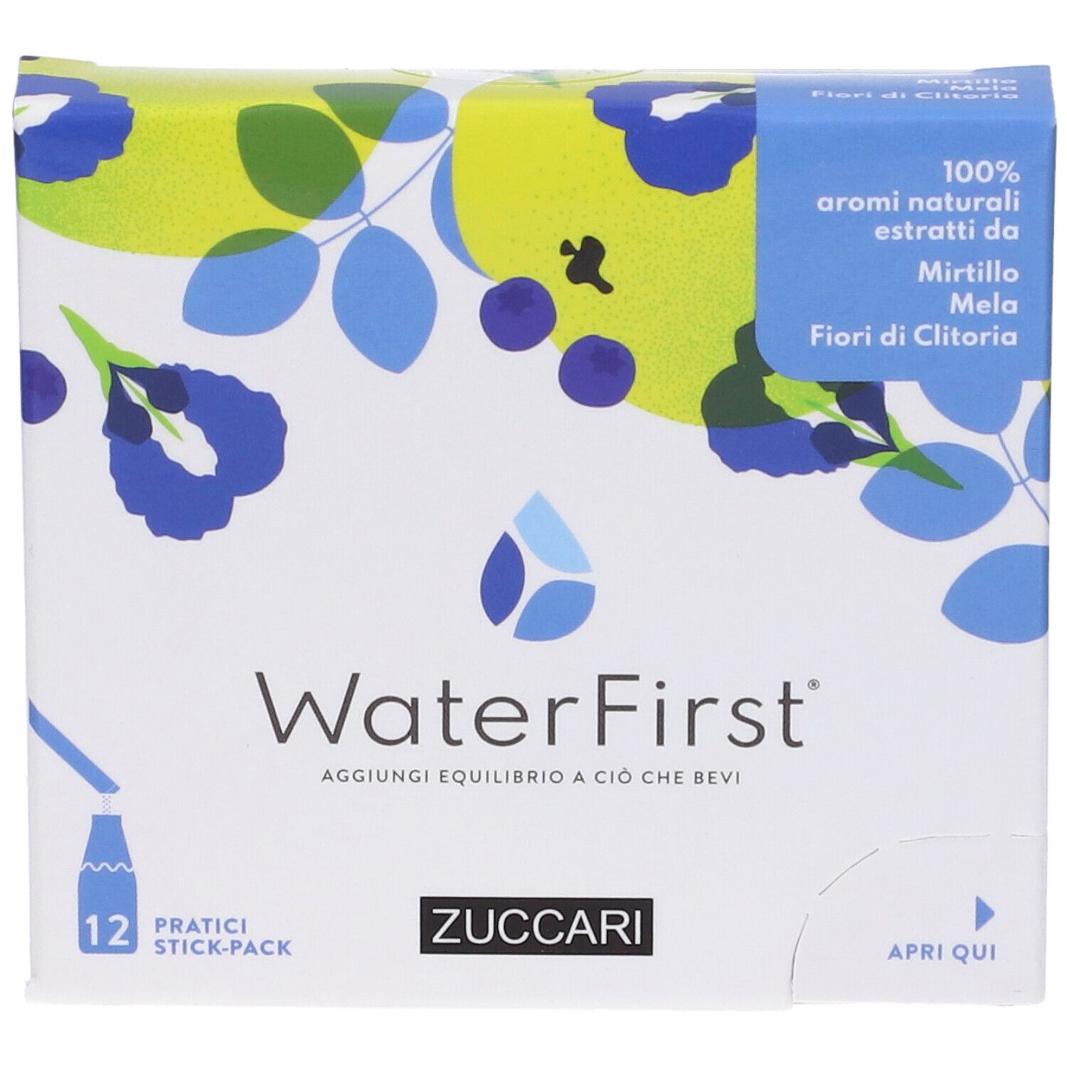 Scatola WaterFirst, vista frontale. Testo: Mirtillo, Mela, Fiori di Clitoria. 12 stick-pack pratici. Zuccari.
