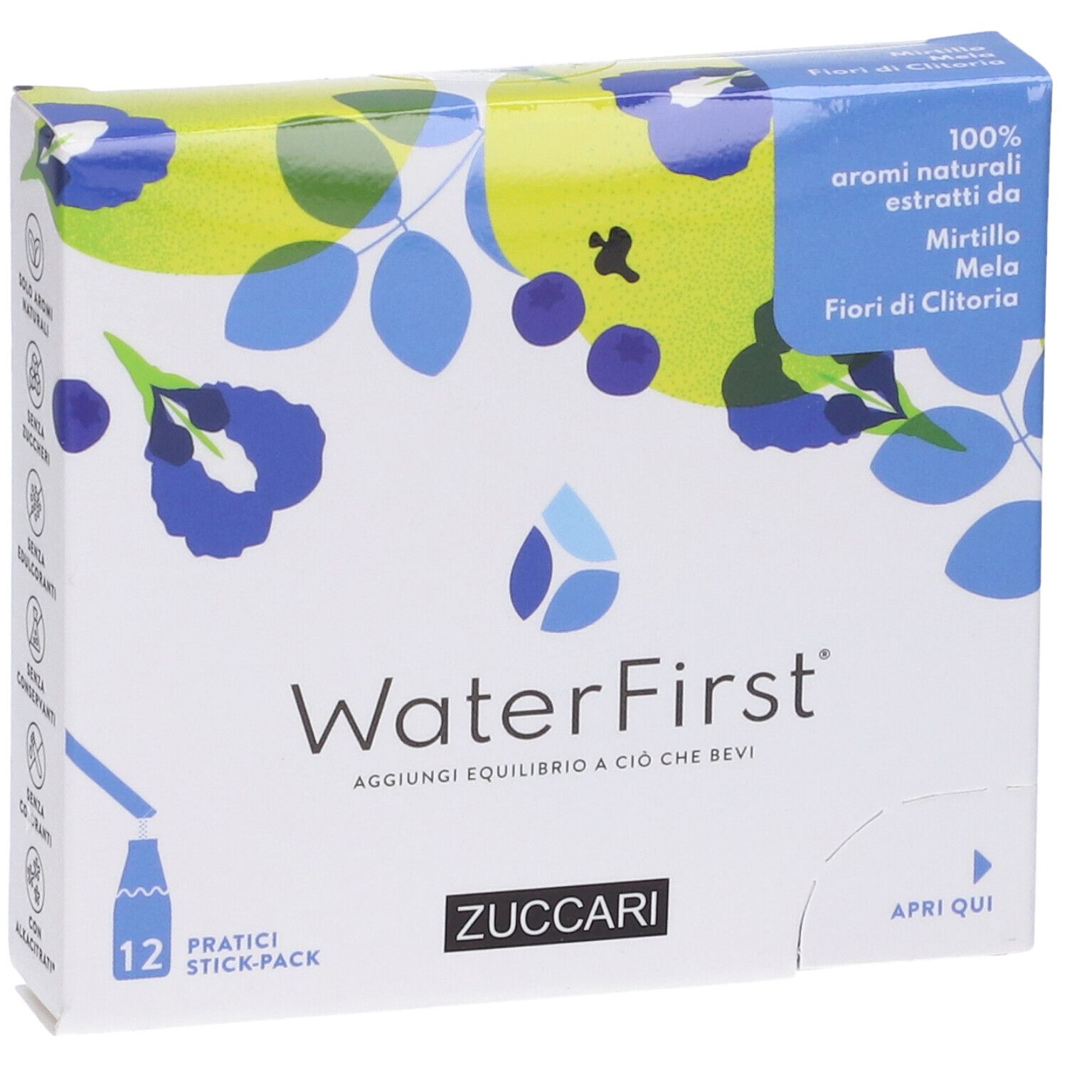 Scatola WaterFirst, vista obliqua. Testo: Mirtillo, Mela, Fiori di Clitoria. 12 stick-pack pratici. Zuccari.