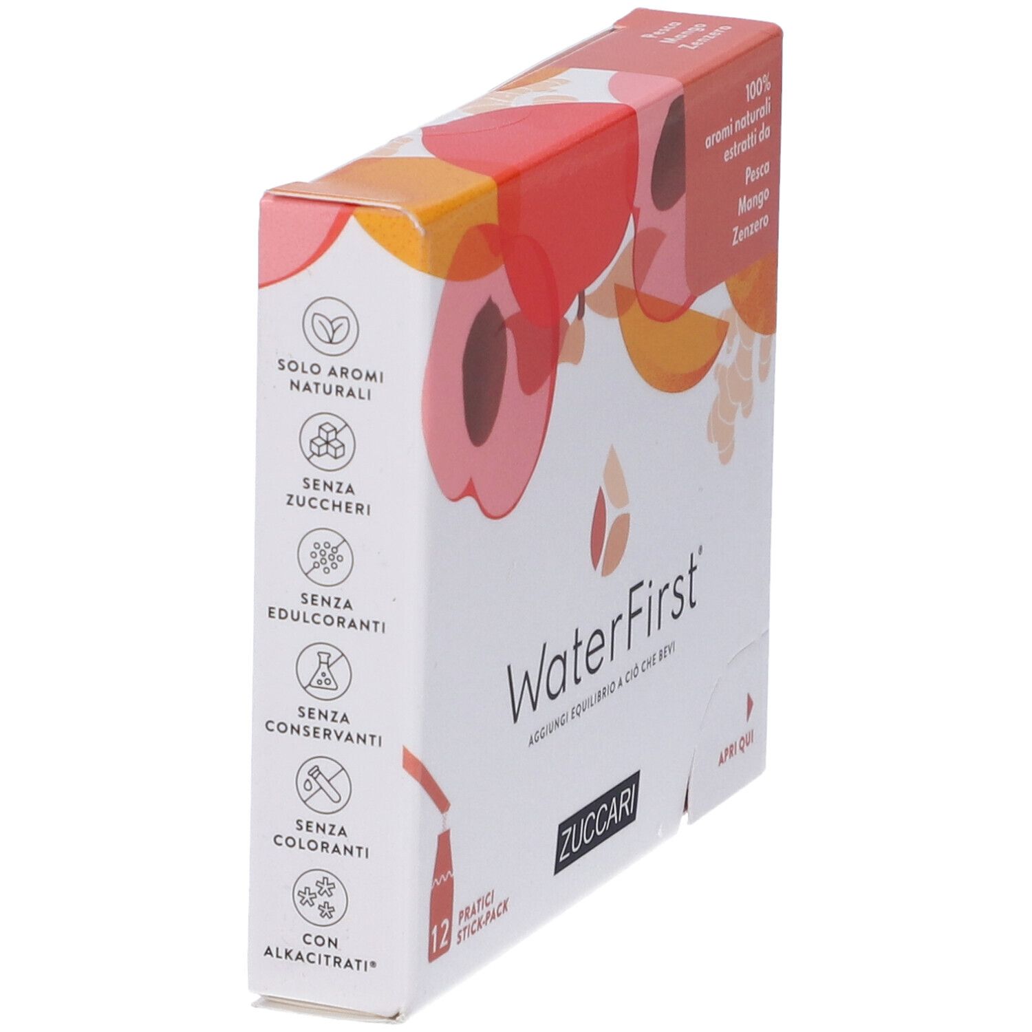 Lato confezione WaterFirst. Indicazioni: aromi, senza zucchero, senza conservanti. Marchio Zuccari.