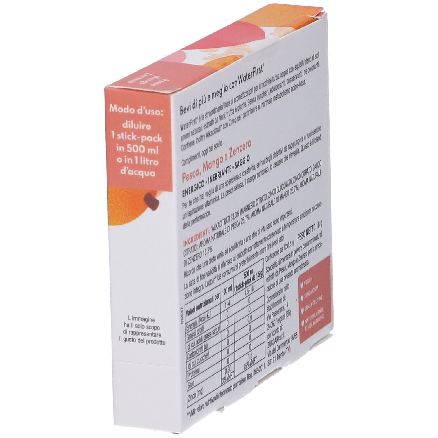 Lato confezione WaterFirst. Testo: pesca, mango, zenzero. Modo d'uso. Marchio Zuccari.