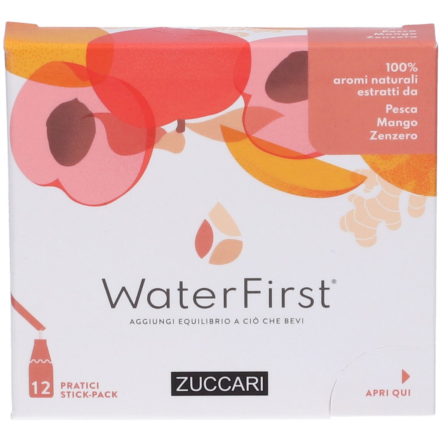 Scatola WaterFirst, 12 stick-pack. Gusti: pesca, mango, zenzero. Marchio Zuccari.